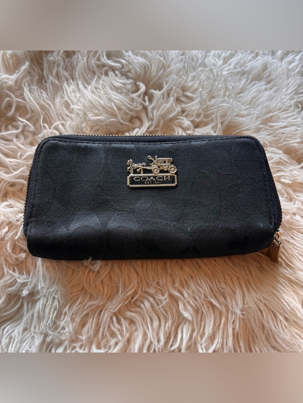 Coach Black Signature Zip-Around Wallet with Horse & Carriage Plaque